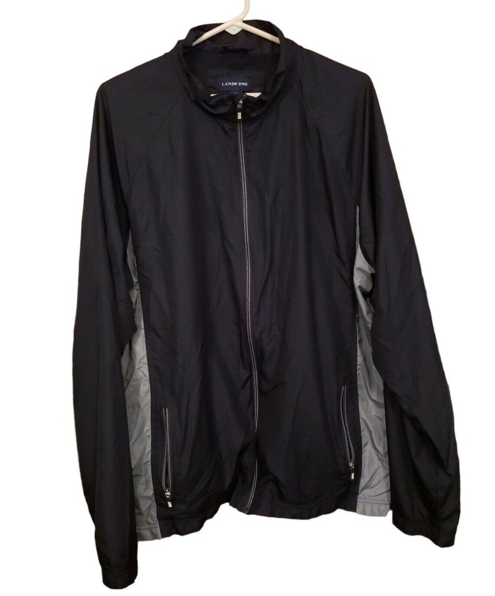 Lands' End Men's Jacket XL/T 46-48 Black Grey Full Zip Lightweight Packable